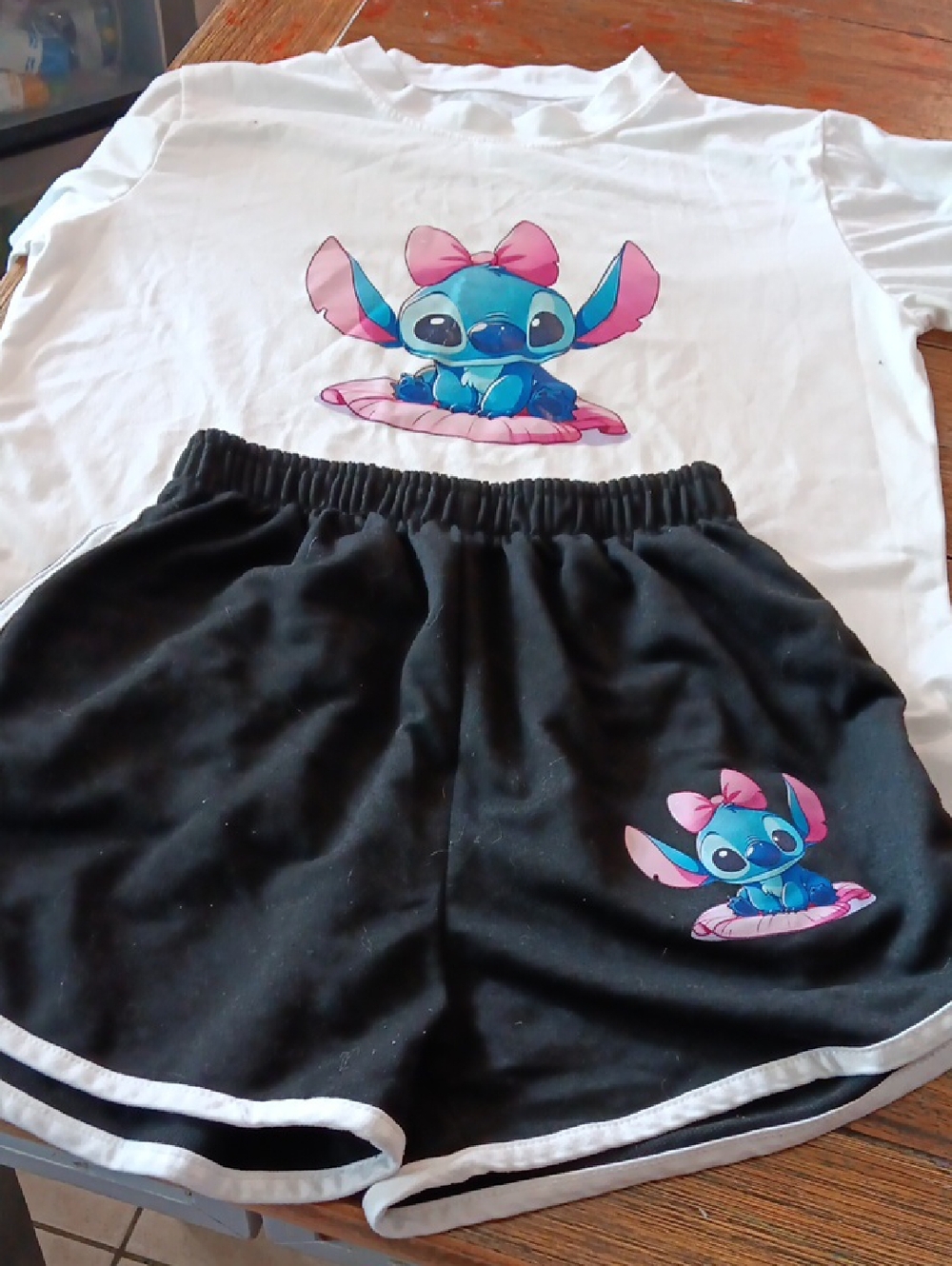 Black Shorts with White Shirt /Cute Blue and Pink Stitch Character